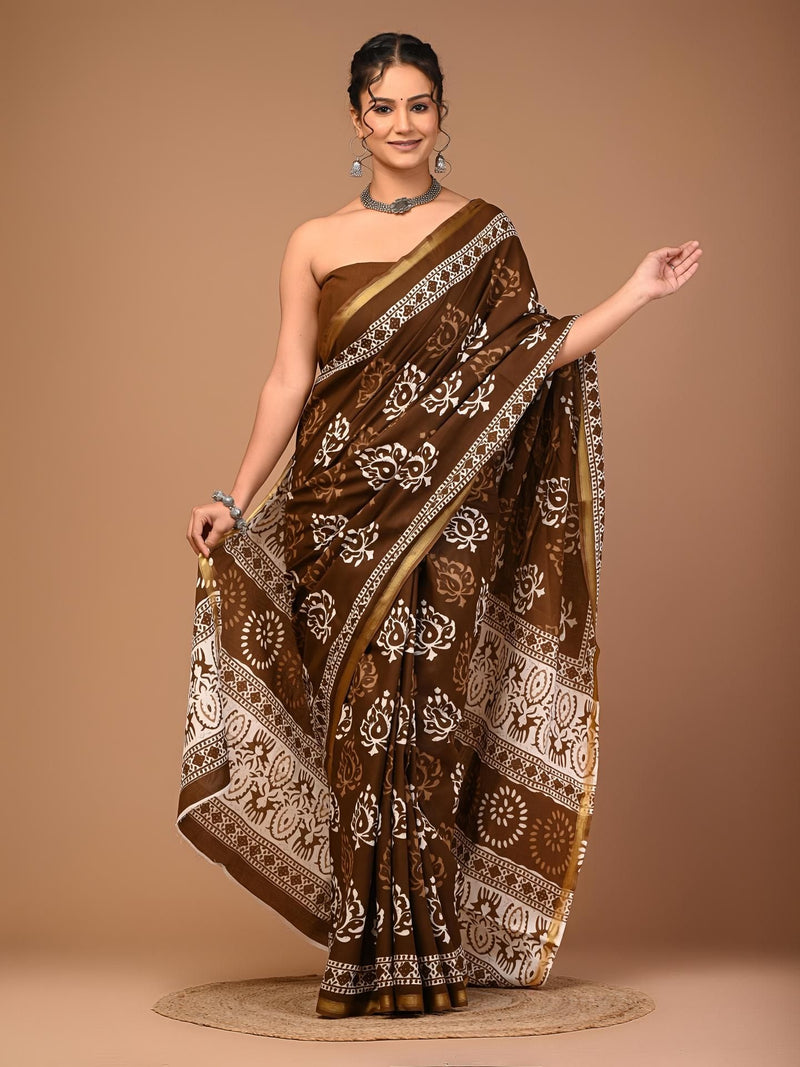 Elegant Brown & Cream Floral Butta Printed Saree with Golden Border