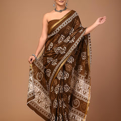 Elegant Brown & Cream Floral Butta Printed Saree with Golden Border