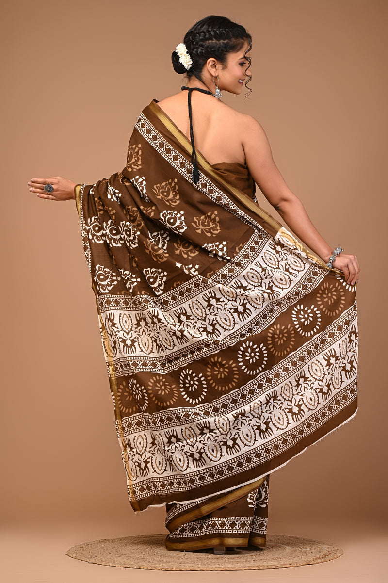 Elegant Brown & Cream Floral Butta Printed Saree with Golden Border