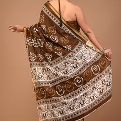 Elegant Brown & Cream Floral Butta Printed Saree with Golden Border