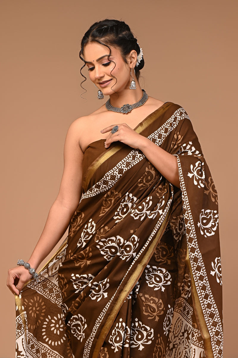 Elegant Brown & Cream Floral Butta Printed Saree with Golden Border