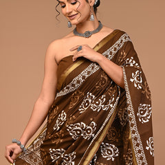 Elegant Brown & Cream Floral Butta Printed Saree with Golden Border