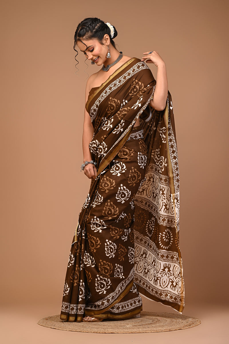 Elegant Brown & Cream Floral Butta Printed Saree with Golden Border