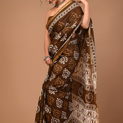 Elegant Brown & Cream Floral Butta Printed Saree with Golden Border