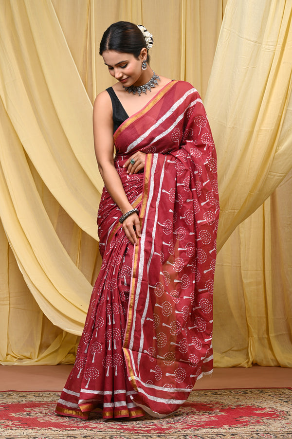 Red Hand Block Printed Cotton Saree with Zari Border