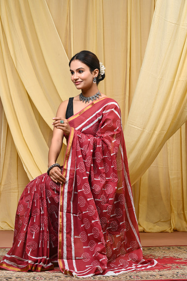 Red Hand Block Printed Cotton Saree with Zari Border