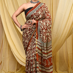 Rust Brown Floral Printed Cotton Saree with Maheshwari Border