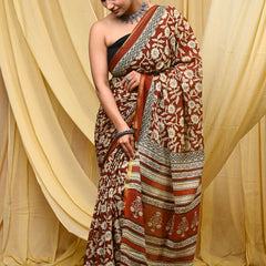 Rust Brown Floral Printed Cotton Saree with Maheshwari Border