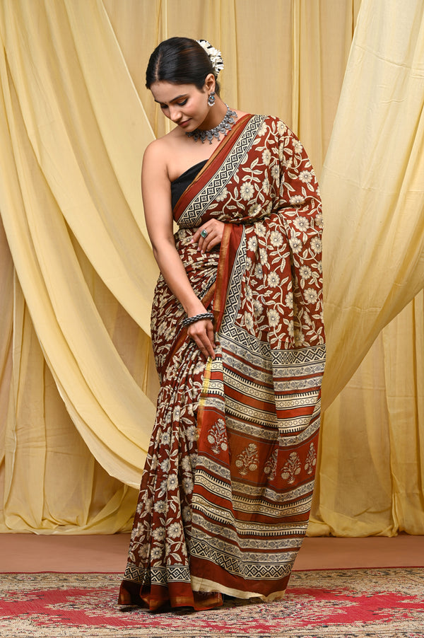 Rust Brown Floral Printed Cotton Saree with Maheshwari Border
