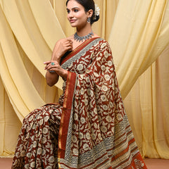 Rust Brown Floral Printed Cotton Saree with Maheshwari Border