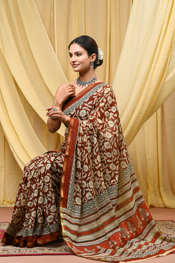 Rust Brown Floral Printed Cotton Saree with Maheshwari Border