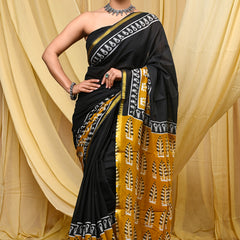 Elegant Black Cotton Printed Saree with Mustard Ethnic Pallu
