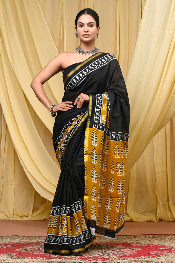 Elegant Black Cotton Printed Saree with Mustard Ethnic Pallu