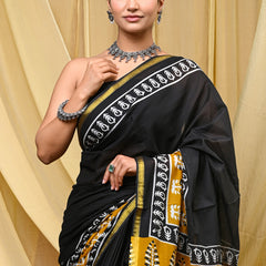 Elegant Black Cotton Printed Saree with Mustard Ethnic Pallu