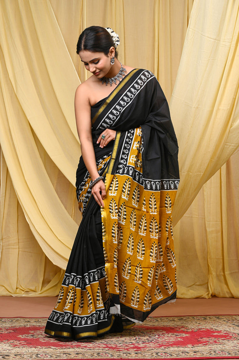 Elegant Black Cotton Printed Saree with Mustard Ethnic Pallu