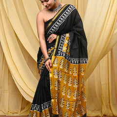 Elegant Black Cotton Printed Saree with Mustard Ethnic Pallu