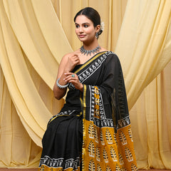 Elegant Black Cotton Printed Saree with Mustard Ethnic Pallu