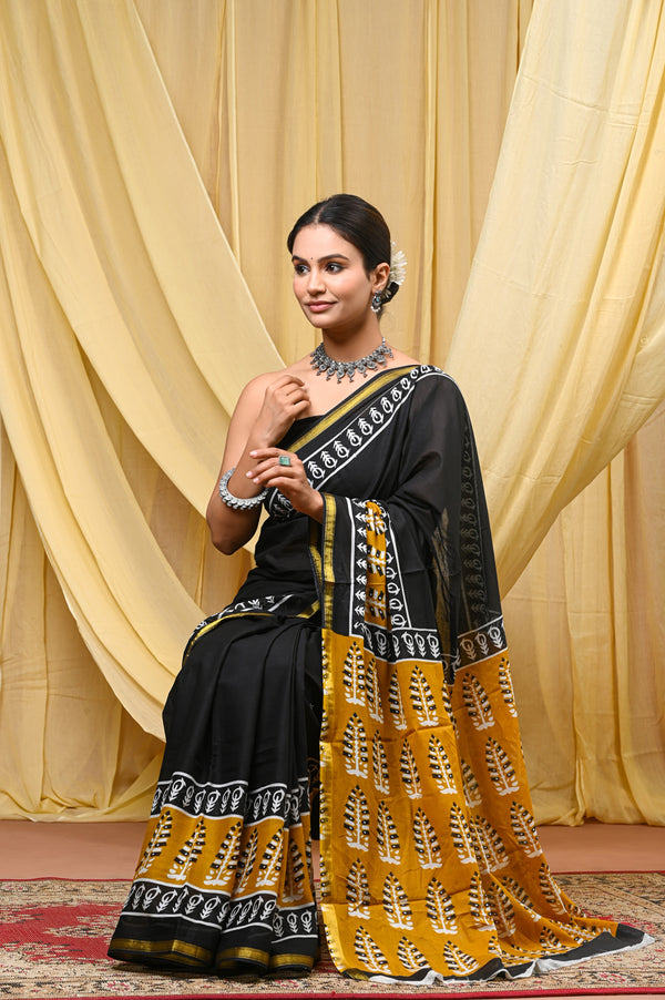 Elegant Black Cotton Printed Saree with Mustard Ethnic Pallu