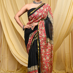 Elegant Black & Red Floral Printed Cotton Saree with Golden Border