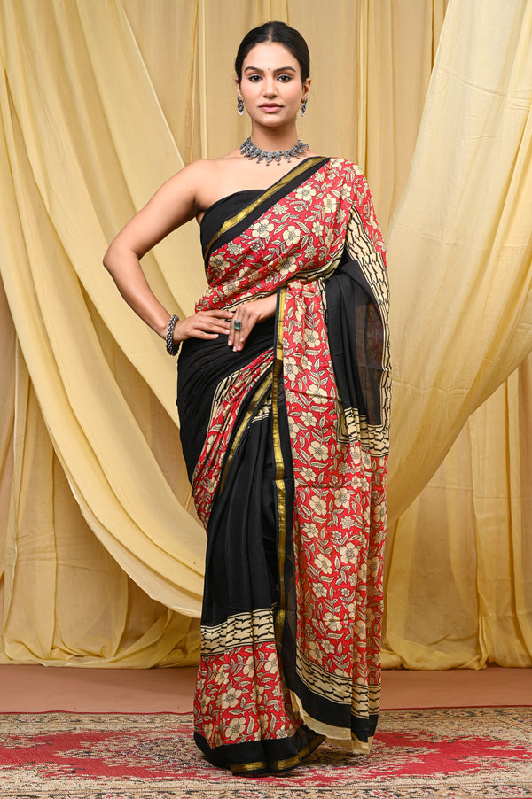 Elegant Black & Red Floral Printed Cotton Saree with Golden Border