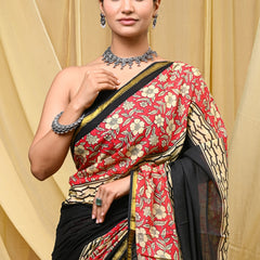 Elegant Black & Red Floral Printed Cotton Saree with Golden Border