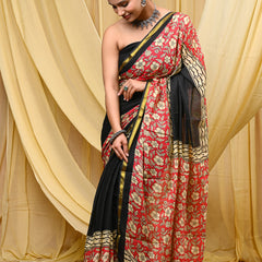 Elegant Black & Red Floral Printed Cotton Saree with Golden Border