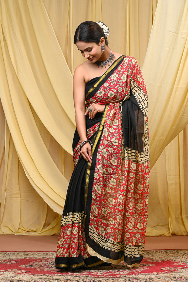 Elegant Black & Red Floral Printed Cotton Saree with Golden Border