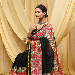 Elegant Black & Red Floral Printed Cotton Saree with Golden Border