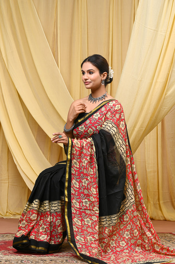 Elegant Black & Red Floral Printed Cotton Saree with Golden Border