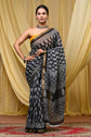 Elegant Black & Grey Hand Block Printed Cotton Saree with Golden Border