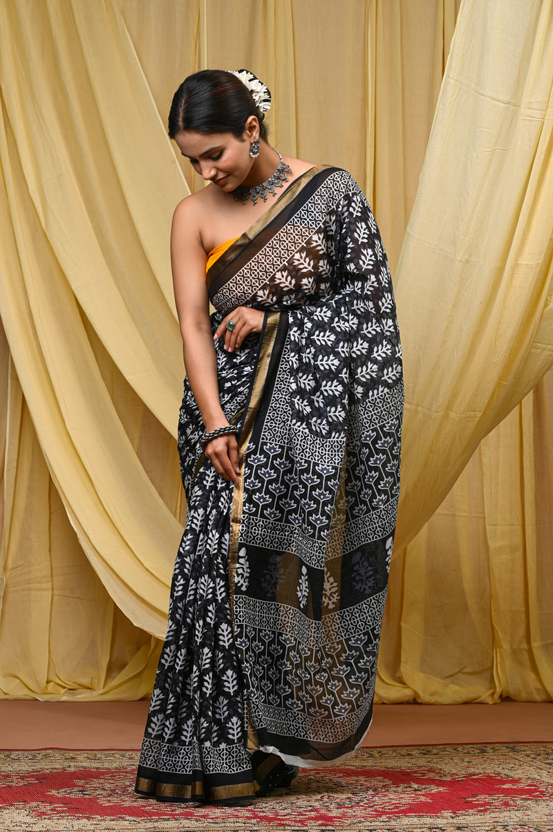Elegant Black & Grey Hand Block Printed Cotton Saree with Golden Border