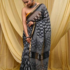 Elegant Black & Grey Hand Block Printed Cotton Saree with Golden Border