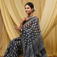 Elegant Black & Grey Hand Block Printed Cotton Saree with Golden Border