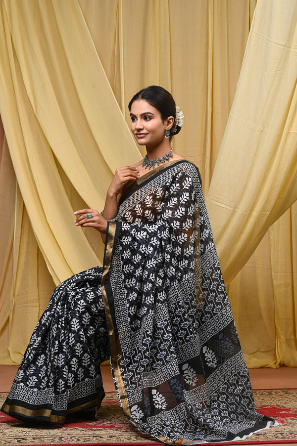 Elegant Black & Grey Hand Block Printed Cotton Saree with Golden Border