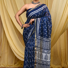 Elegant Navy Blue Hand Block Printed Cotton Saree with Golden Border