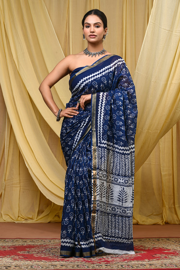 Elegant Navy Blue Hand Block Printed Cotton Saree with Golden Border