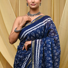 Elegant Navy Blue Hand Block Printed Cotton Saree with Golden Border