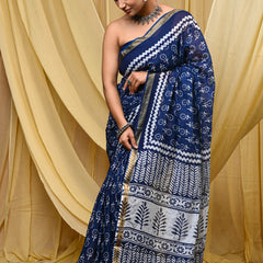 Elegant Navy Blue Hand Block Printed Cotton Saree with Golden Border