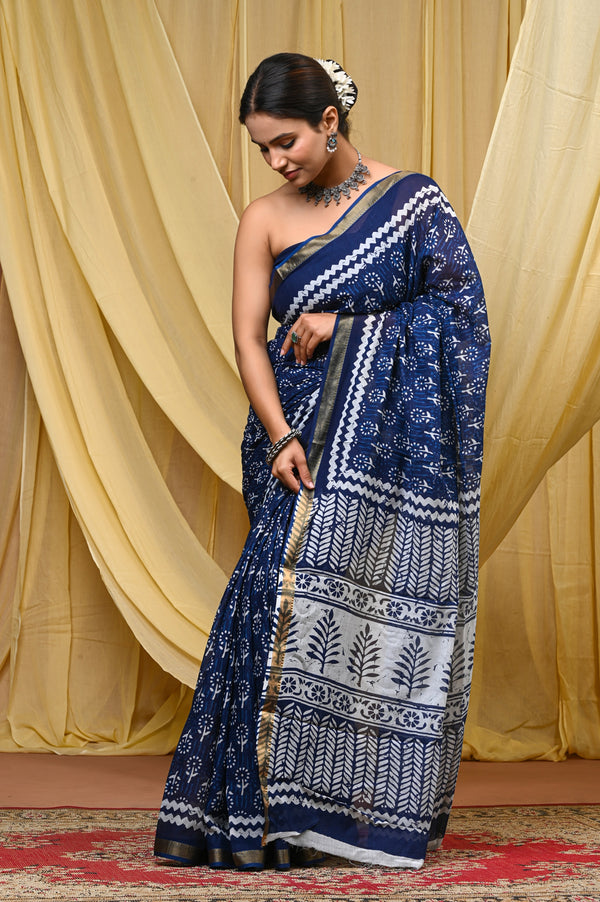 Elegant Navy Blue Hand Block Printed Cotton Saree with Golden Border