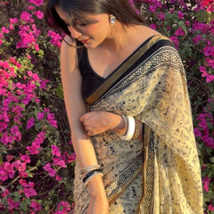 Elegant Beige & Black Hand Block Printed Cotton Saree with Tribal Design