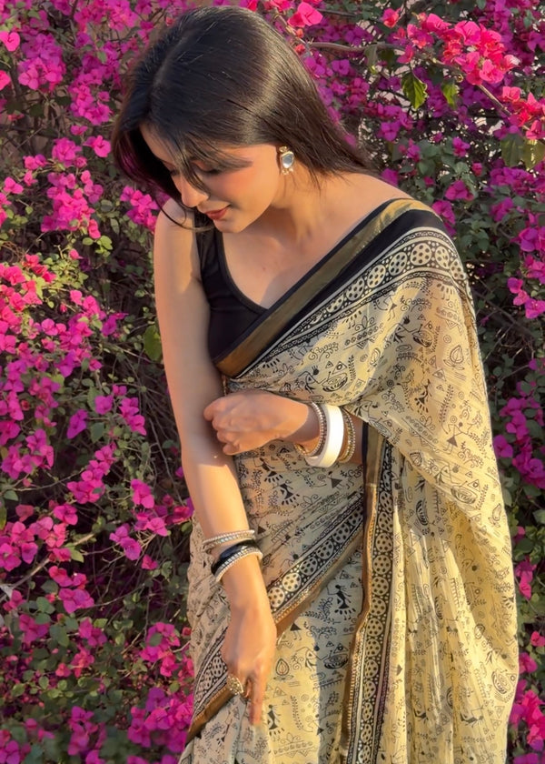 Elegant Beige & Black Hand Block Printed Cotton Saree with Tribal Design