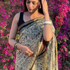 Elegant Beige & Black Hand Block Printed Cotton Saree with Tribal Design