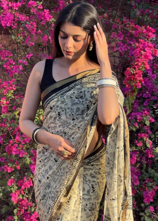 Elegant Beige & Black Hand Block Printed Cotton Saree with Tribal Design