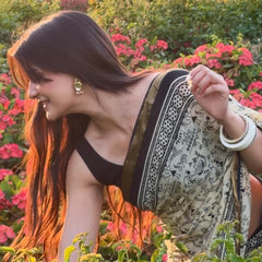 Elegant Beige & Black Hand Block Printed Cotton Saree with Tribal Design