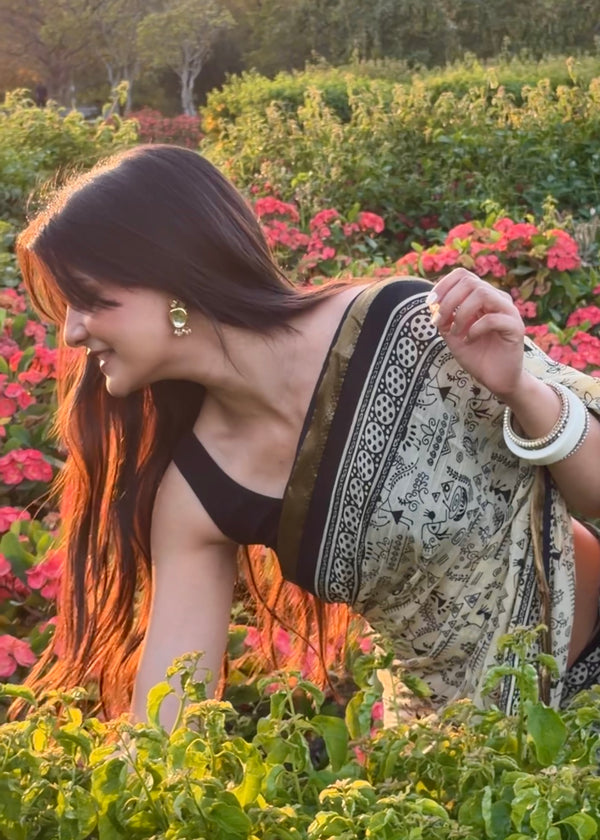 Elegant Beige & Black Hand Block Printed Cotton Saree with Tribal Design