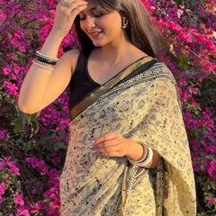 Elegant Beige & Black Hand Block Printed Cotton Saree with Tribal Design