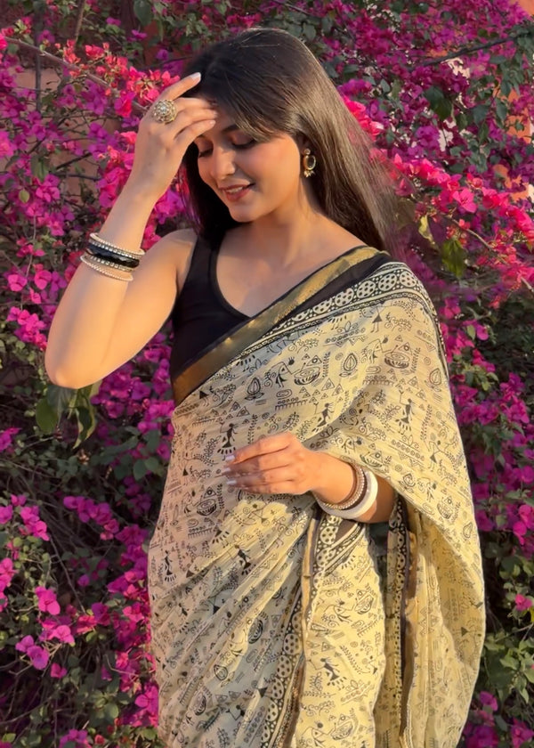 Elegant Beige & Black Hand Block Printed Cotton Saree with Tribal Design