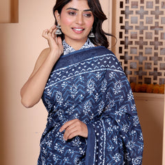 Elegant Indigo Blue Hand Block Printed Cotton Saree