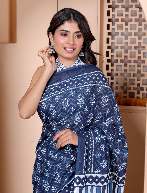 Elegant Indigo Blue Hand Block Printed Cotton Saree