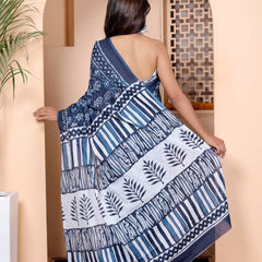 Elegant Indigo Blue Hand Block Printed Cotton Saree